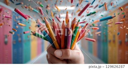 Hand holding colorful pencils exploding in school hallway 129626287