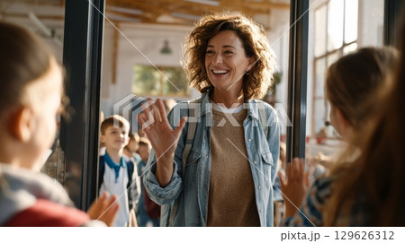 Smiling teacher entering classroom and greeting elementary school students 129626312