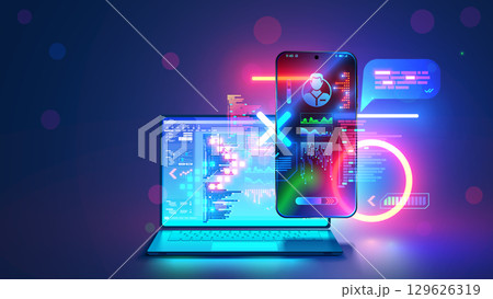 Design mobile app for phone on laptop. Mobile application software development. Website or application design on screen of smartphone connected to laptop with app development environment on screen. 129626319