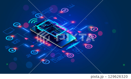 Smart home system develop. Internet of things. Engineering design digital infrastructure of house, configuration scripting of work smart devices. Phone app control IOT through 5g internet connection. 129626320