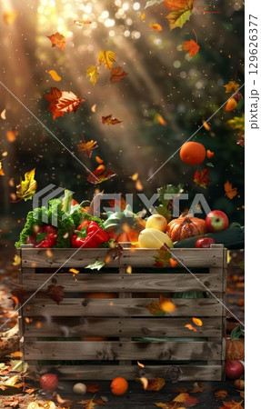 Harvest basket overflowing with fresh vegetables and autumn leaves in sunny forest setting during fall 129626377