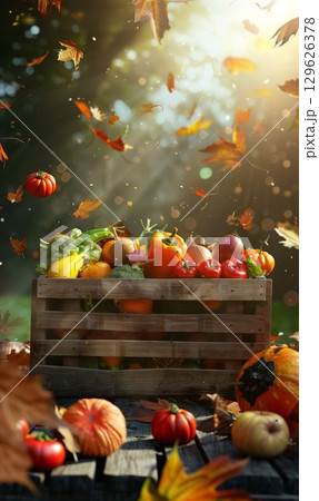 Harvest basket overflowing with fresh vegetables and autumn leaves in sunny forest setting during fall 129626378