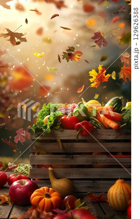 Harvest basket overflowing with fresh vegetables and autumn leaves in sunny forest setting during fall Harvest basket overflowing with fresh vegetables and autumn leaves in sunny forest setting during fall 129626388