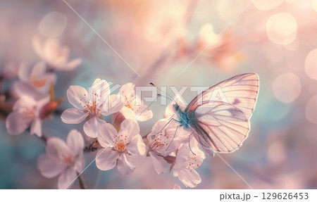 vibrant fluttering butterfly amidst delicate soft cherry blossoms in spring garden 129626453