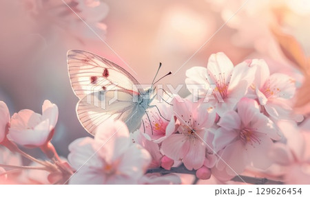 vibrant fluttering butterfly amidst delicate soft cherry blossoms in spring garden 129626454