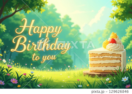 Happy birthday cake in a field with flowers and trees. 129626846