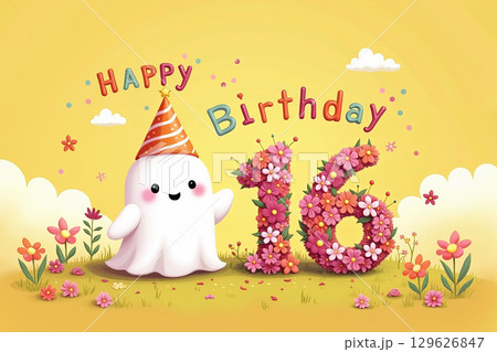 Cute ghost celebrating 16th birthday with flowers and party hat. 129626847
