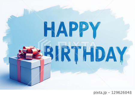 Blue gift box with red ribbon and bow, HAPPY BIRTHDAY text on light blue background. 129626848