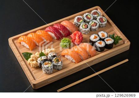 A large variety of fresh Japanese sushi, including salmon and tuna nigiri, and several types of maki rolls, served on a traditional wooden platter. 129626969
