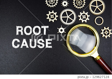 Root Cause text message with magnifying glass on black background Root Cause text message with magnifying glass on black background 129627128