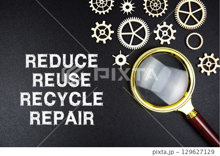 Reduce, Reuse, Recycle, Repair text message with magnifying glass on black background 129627129