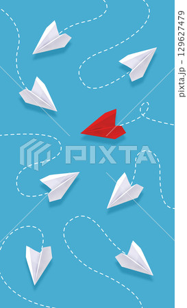 Bright collage of red paper plane among white planes taking different paths on blue background Bright collage of red paper plane among white planes taking different paths on blue background 129627479