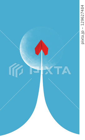 Contemporary collage. Red paper plane shooting upward in clean vertical trail against blue sky Contemporary collage. Red paper plane shooting upward in clean vertical trail against blue sky 129627484