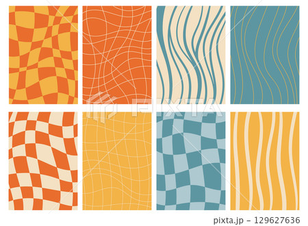 Collection of groovy style cards with bold checkered and striped patterns in flat design, featuring vibrant retro colors. 129627636