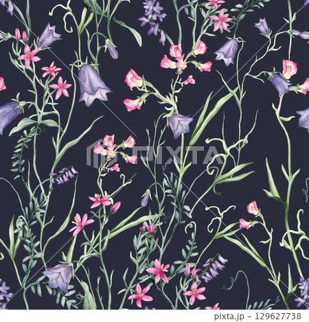 Watercolor seamless pattern white background - illustration with green leaves, pink blue purple buds and branches. Wildfield herbs flowers. Wedding invites, fashion, prints, backgrounds. Wildflowers 129627738