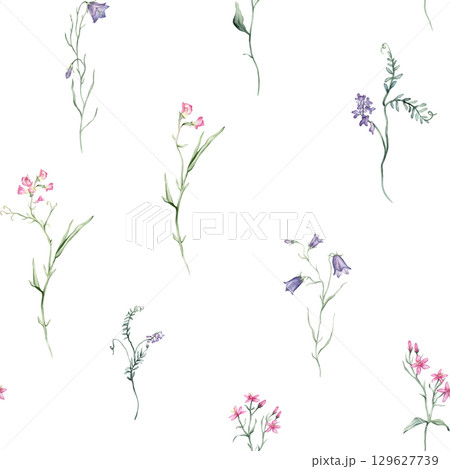 Watercolor seamless pattern white background - illustration with green leaves, pink blue purple buds and branches. Wildfield herbs flowers. Wedding invites, fashion, prints, backgrounds. Wildflowers 129627739