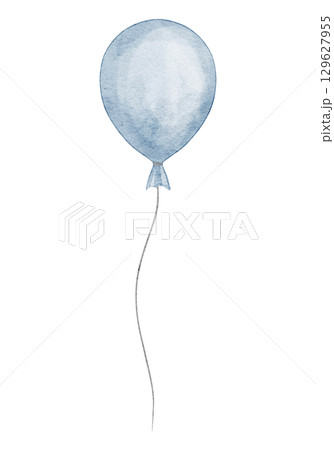 Blue watercolor Balloon in pastel tones for Baby shower greeting cards or Birthday party invitations. Art of floating holiday helium sphere for celebration. Clipart for kids design. 129627955
