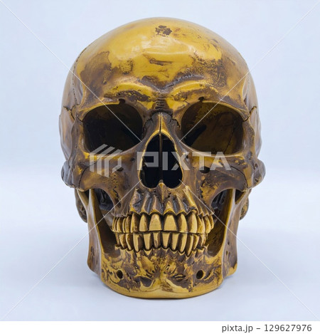 Front View of Golden Skull with Detailed Features on White Background in Studio Lighting 129627976