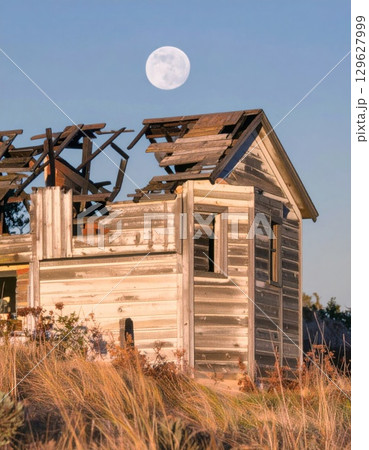 Dilapidated Wooden House Under Moon in Rural Landscape Under Blue Sky 129627999