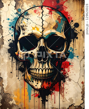 Colorful Skull Art With Abstract Watercolor Splatter Background Decoration 129628028