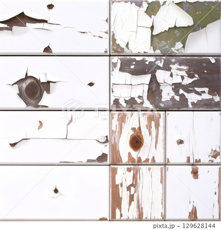 Distressed Wood Panels with Peeling White Paint Texture Background 129628144