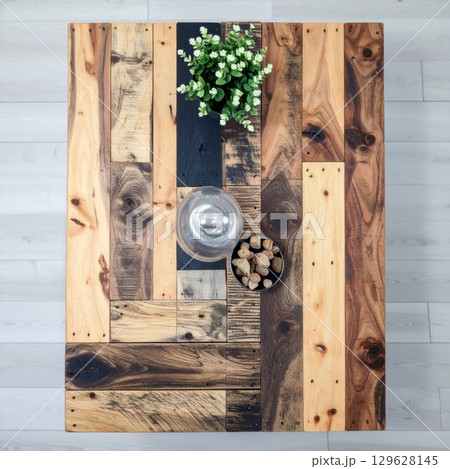 Rustic Wooden Coffee Table with Decorative Plant Sugar and Glass Vase 129628145