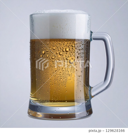 Full Glass of Cold Foamy Beer Detailed Studio Shot With Water Droplets Against Gray 129628166