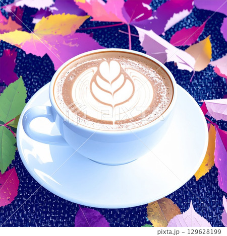 White Cappuccino Cup with Latte Art and Autumnal Leaves in Warm Tone Setting White Cappuccino Cup with Latte Art and Autumnal Leaves in Warm Tone Setting 129628199