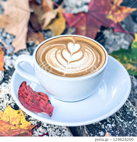 Close Up of Latte Art in White Cup with Autumn Leaves on Wooden Surface Outdoors Close Up of Latte Art in White Cup with Autumn Leaves on Wooden Surface Outdoors 129628200