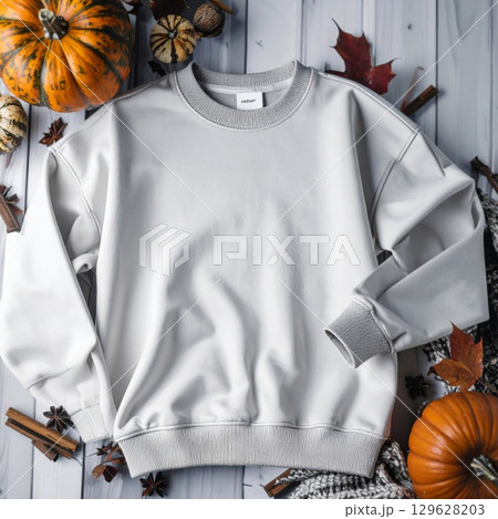 Gray Sweatshirt Display with Pumpkins and Autumn Leaves on Wooden Backdrop 129628203