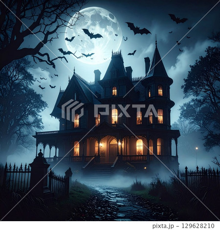 Detailed View of a Haunted House Under Full Moon with Bats in The Dark Night 129628210