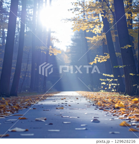 Autumn Pathway Through Forest with Yellow Leaves and Sunlight Streaming Through Trees 129628216