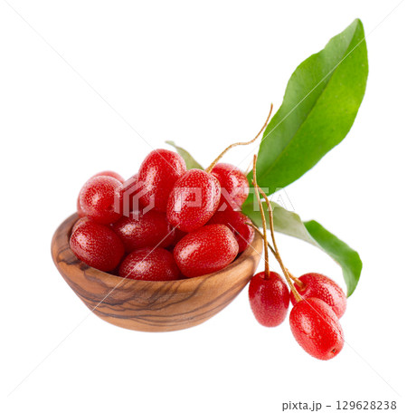 Elaeagnus multiflora isolated on white background. Cherry elaeagnus or cherry silverberry in wooden bowl. Goumi or gumi berry. Elaeagnus multiflora isolated on white background. Cherry elaeagnus or cherry silverberry in wooden bowl. Goumi or gumi berry. 129628238