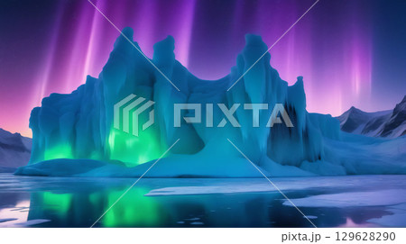 光り輝くオーロラと氷のモニュメント 129628290