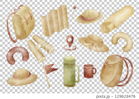 Set of watercolor illustrations of tourist items, traveler accessories, outdoor recreation. Backpack, map, cup, blanket, hat, binoculars in children's cartoon style isolated on background for design Set of watercolor illustrations of tourist items, traveler accessories, outdoor recreation. Backpack, map, cup, blanket, hat, binoculars in children's cartoon style isolated on background for design 129628476
