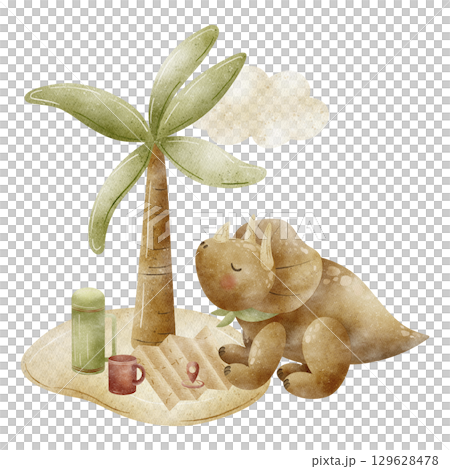 Watercolor illustrations dinosaur traveler, triceratops on the island palm in children's cartoon style isolated background. Adventure hiking dino drawing for design postcard invitations, leisure goods 129628478