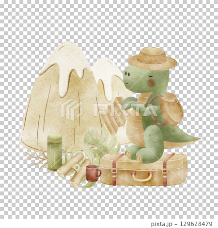 Dinosaur tyrannosaurus explorer, traveler. Watercolor illustrations of dino with suitcase, monstera, hiking items, mountains in children's cartoon style isolated on background for design postcard 129628479