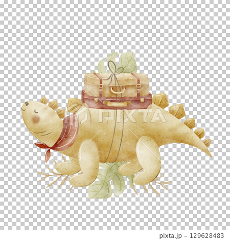 Composition dinosaur stegosaurus explorer, traveler with suitcases in tropical leaves monsters. Watercolor illustrations in children's cartoon style isolated on background for design cards invitations Composition dinosaur stegosaurus explorer, traveler with suitcases in tropical leaves monsters. Watercolor illustrations in children's cartoon style isolated on background for design cards invitations 129628483