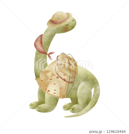 Dinosaur green traveler with long neck in hat, backpack, sweater. Watercolor illustrations in cartoon style isolated on background. Picture kids adventure hiking dino for design invitation card poster Dinosaur green traveler with long neck in hat, backpack, sweater. Watercolor illustrations in cartoon style isolated on background. Picture kids adventure hiking dino for design invitation card poster 129628484