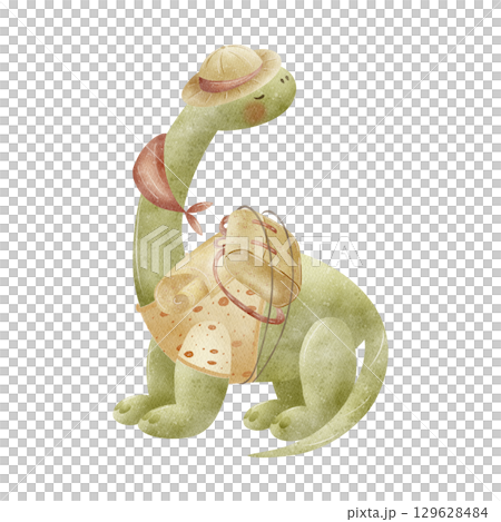Dinosaur green traveler with long neck in hat, backpack, sweater. Watercolor illustrations in cartoon style isolated on background. Picture kids adventure hiking dino for design invitation card poster Dinosaur green traveler with long neck in hat, backpack, sweater. Watercolor illustrations in cartoon style isolated on background. Picture kids adventure hiking dino for design invitation card poster 129628484