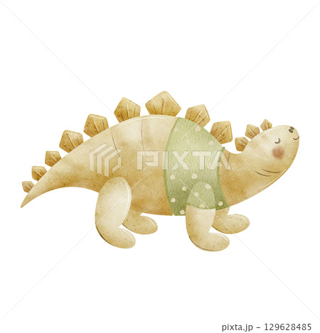 Dinosaur stegosaurus in clothes, sweater. Watercolor illustrations of animal dino in children's cartoon style. Hand drawn isolated on background for design postcard party invitation poster templates Dinosaur stegosaurus in clothes, sweater. Watercolor illustrations of animal dino in children's cartoon style. Hand drawn isolated on background for design postcard party invitation poster templates 129628485