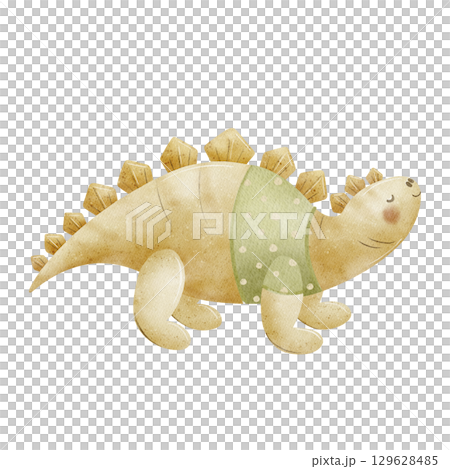 Dinosaur stegosaurus in clothes, sweater. Watercolor illustrations of animal dino in children's cartoon style. Hand drawn isolated on background for design postcard party invitation poster templates 129628485