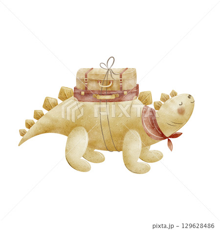 inosaur stegosaurus explorer, traveler with vintage suitcases on his back. Watercolor illustration in cartoon style isolated on background. Picture kids dino adventure for design postcard invitation inosaur stegosaurus explorer, traveler with vintage suitcases on his back. Watercolor illustration in cartoon style isolated on background. Picture kids dino adventure for design postcard invitation 129628486