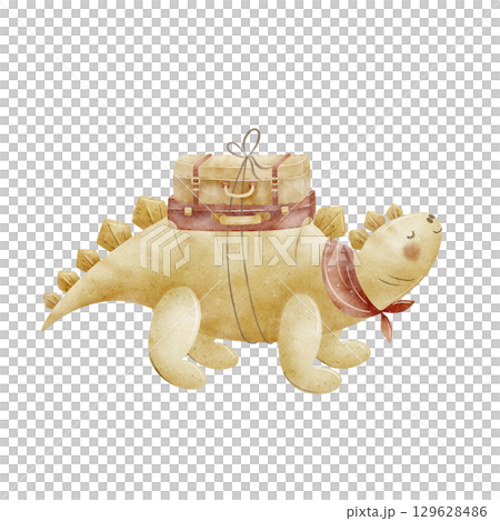 inosaur stegosaurus explorer, traveler with vintage suitcases on his back. Watercolor illustration in cartoon style isolated on background. Picture kids dino adventure for design postcard invitation inosaur stegosaurus explorer, traveler with vintage suitcases on his back. Watercolor illustration in cartoon style isolated on background. Picture kids dino adventure for design postcard invitation 129628486