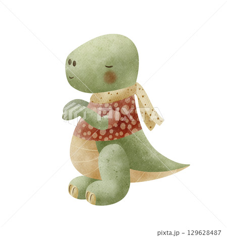 Dinosaur tyrannosaurus in clothes, sweater, scarf. Watercolor illustrations of animal dino in children's cartoon style. Hand drawn isolated on background for design card invitation poster templates 129628487