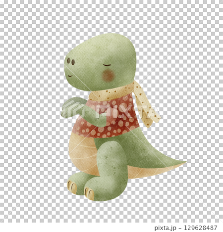 Dinosaur tyrannosaurus in clothes, sweater, scarf. Watercolor illustrations of animal dino in children's cartoon style. Hand drawn isolated on background for design card invitation poster templates 129628487