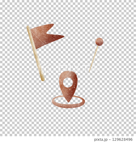 Set of red symbols, map designation, travel destination, geolocation, flag red, pin. Watercolor illustration of icons in a childish style. Clipart elements isolated on background. Drawing for design 129628496