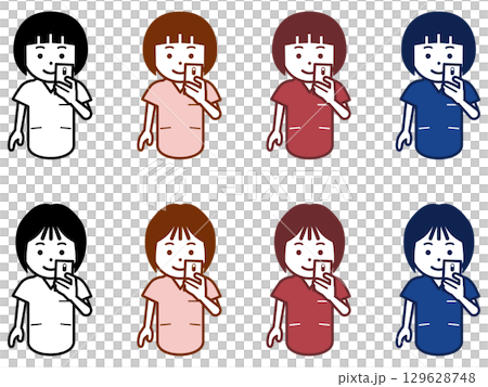 Icon of a female nurse looking at a smartphone. Part 2 Icon of a female nurse looking at a smartphone. Part 2 129628748