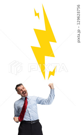 Bright artwork. Overjoyed businessman celebrating under large yellow lightning symbol on white background 129628756