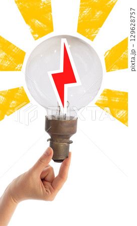 Collage of hand holding light bulb with lightning icon and radiant yellow beams on white background 129628757
